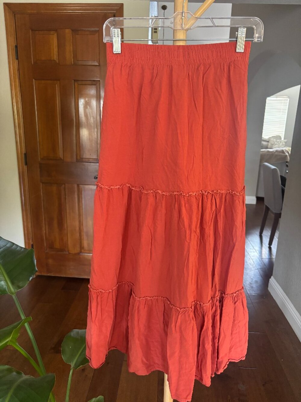 Coral Tiered Maxi Skirt Pockets Lined Ruffled Boho Elastic Waist Summer